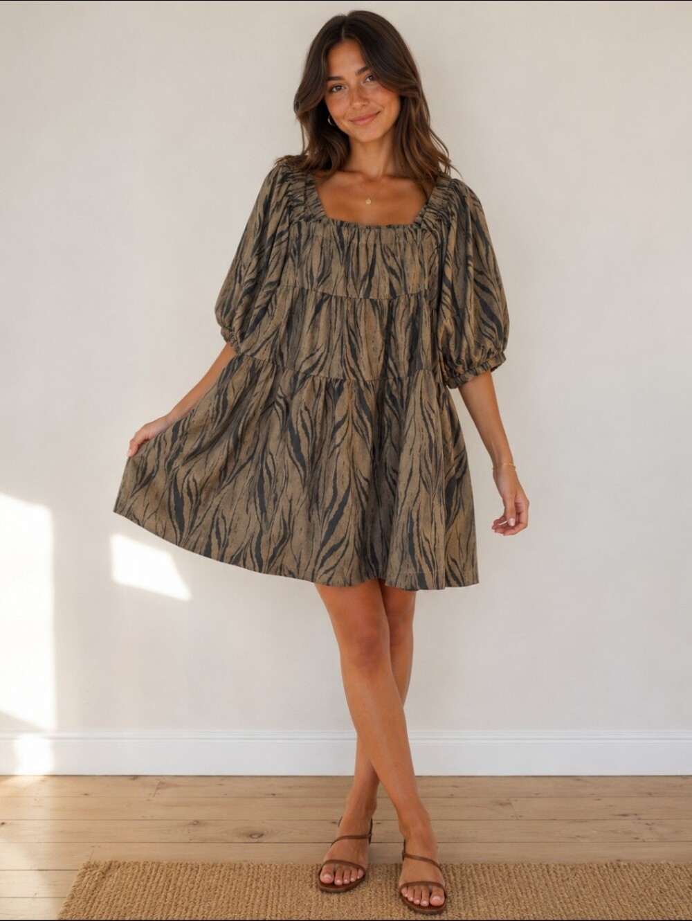 Mustard Seed Tan and Black Zebra-Print Smocked Square-Neck Mini Dress